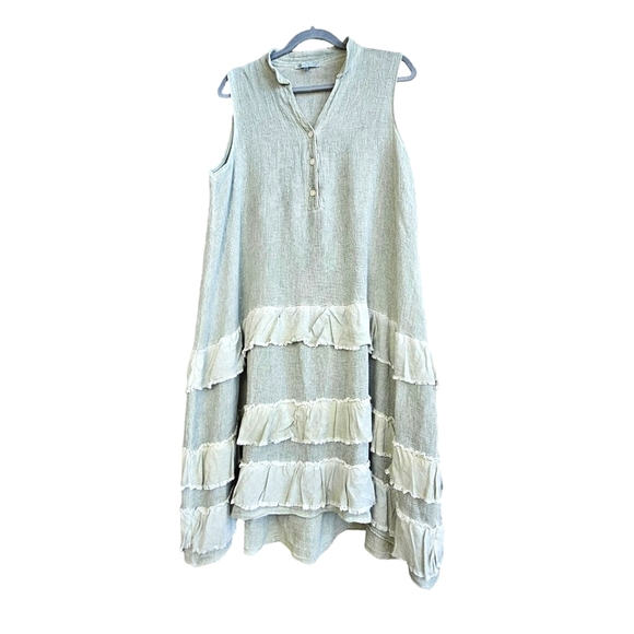 TEMPO PARIS Linen & Cotton Ruffled Faded Olive Sleeveless Midi Dress Size M - Picture 1 of 12